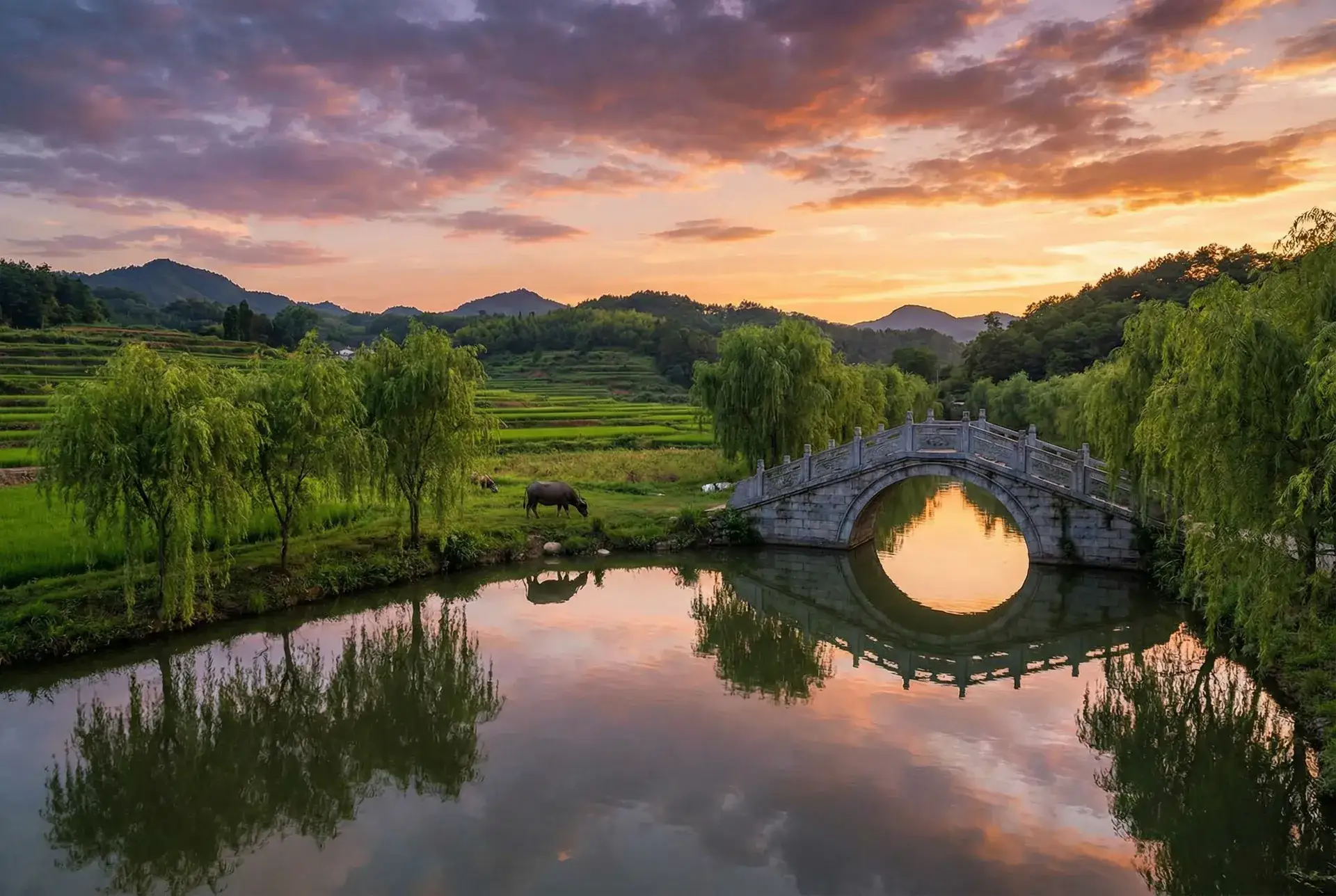 夕阳下的石拱桥与垂柳，水牛在河边吃草 - 末路姐妹电影 乡村美景